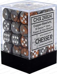 Chessex D6 Gemini 12mm d6 Copper-Steel/white Dice Block (36 dice)