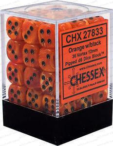 Chessex D6 Vortex 12mm d6 Orange/black Dice Block (36 dice)