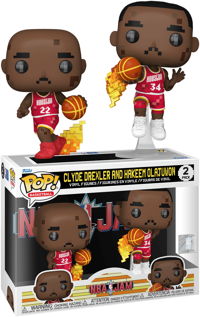 FUN75063 NBA Basketball: Jam - Clyde Drexler & Hakeem Olajuwon 8-Bit Pop! Vinyl 2-Pack - Funko - Titan Pop Culture