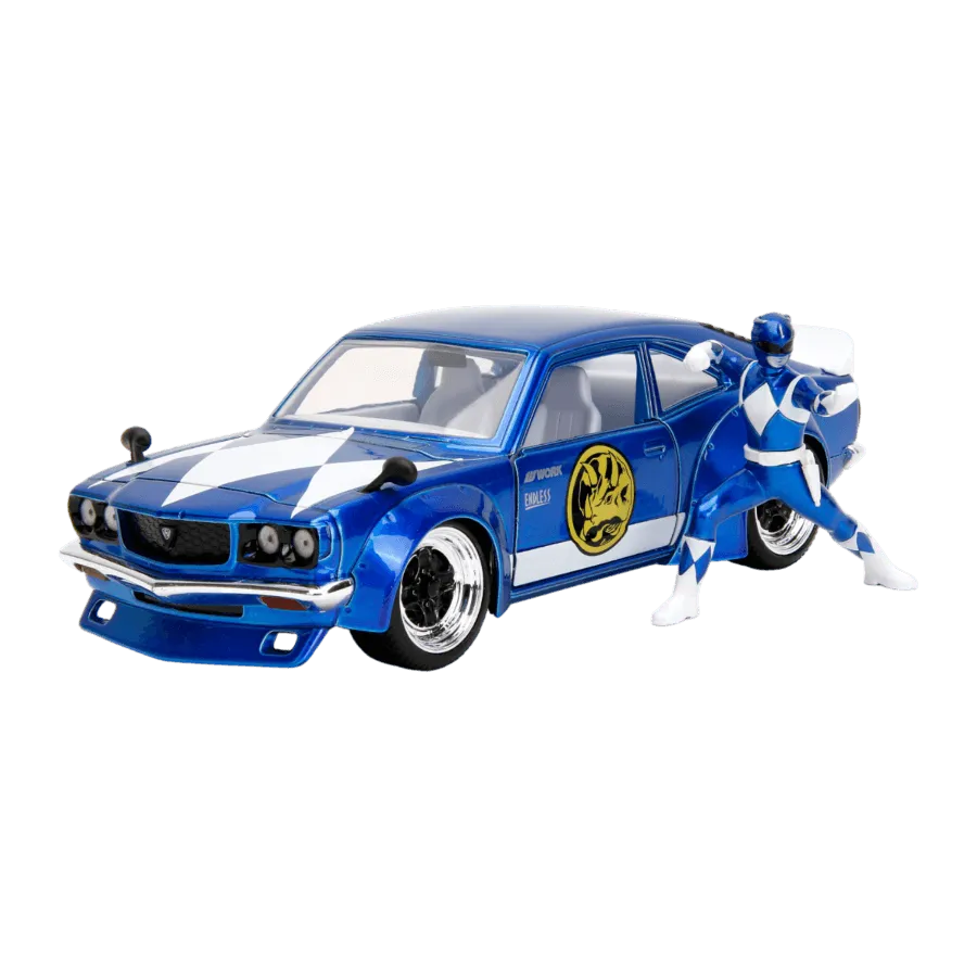 JAD34389 Power Rangers - 1974 Mazda RX-3 (with Blue Ranger) 1:24 Scale Diecast Vehicle Set - Jada Toys - Titan Pop Culture