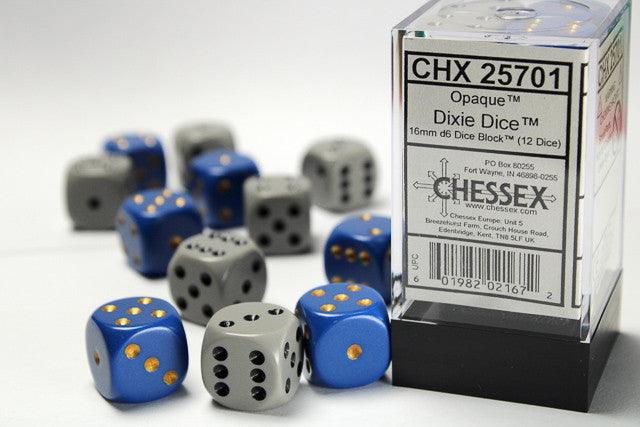 VR-108742 Chessex D6 DiceOpaque 16mm d6 Dixie Dice 12-Die Set (6 Blue/yellow, 6 Dark Grey/black) - Chessex - Titan Pop Culture