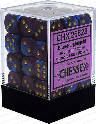VR-26871 D6 Dice Gemini 12mm Blue-Purple/Gold (36 Dice in Display) - Chessex - Titan Pop Culture