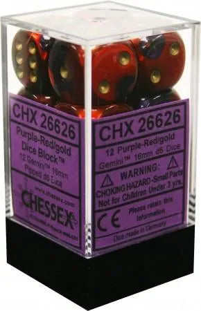 VR-26943 Chessex D6 Gemini 16mm d6 Purple-Red/gold Dice Block (12 dice) - Chessex - Titan Pop Culture