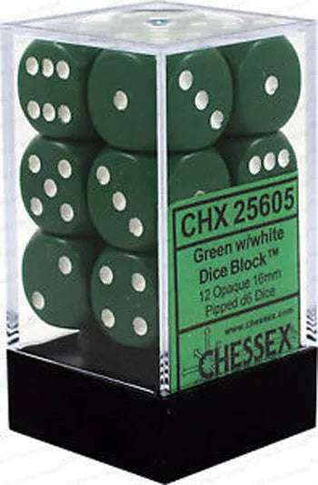 VR-27091 Chessex D6 Opaque 16mm d6 Green/white Dice Block (12 dice) - Chessex - Titan Pop Culture