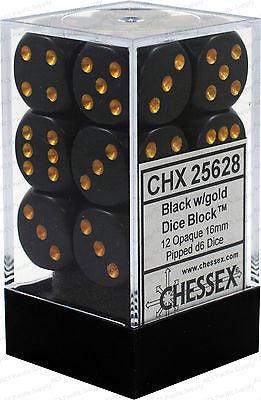VR-27103 Chessex D6 Opaque 16mm d6 Black/gold Dice Block (12 dice) - Chessex - Titan Pop Culture