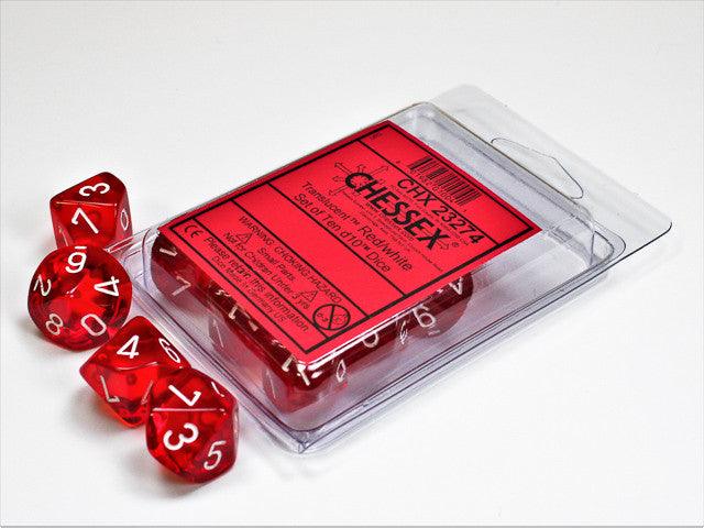 Chessex D10 DiceTranslucent Red/white Set of Ten d10s