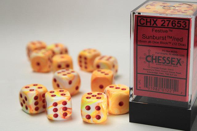 Chessex D6 DiceFestive 16mm d6 w/pips Sunburst w/red Dice Block (12 dice