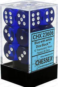 VR-27031 Chessex D6 Translucent 16mm d6 Blue/white Dice Block (12 dice) - Chessex - Titan Pop Culture