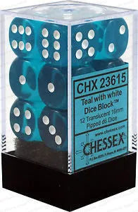 VR-27034 Chessex D6 Translucent 16mm d6 Teal/white Dice Block (12 dice) - Chessex - Titan Pop Culture