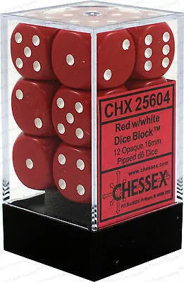 VR-27090 Chessex D6 Opaque 16mm d6 Red/white Dice Block (12 dice) - Chessex - Titan Pop Culture