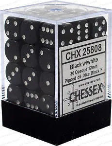 VR-26976 Chessex D6 Opaque 12mm d6 Black/white Dice Block (36 dice) - Chessex - Titan Pop Culture