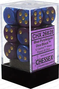 VR-26944 Chessex D6 Gemini 16mm d6 Blue-Purple/gold Dice Block (12 dice) - Chessex - Titan Pop Culture