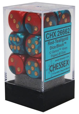 VR-26953 Chessex D6 Gemini 16mm d6 Red-Teal/gold Dice Block (12 dice) - Chessex - Titan Pop Culture