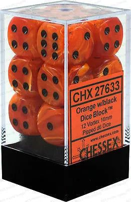 VR-26762 Chessex D6 Vortex 16mm d6 Orange/black Dice Block (12 dice) - Chessex - Titan Pop Culture