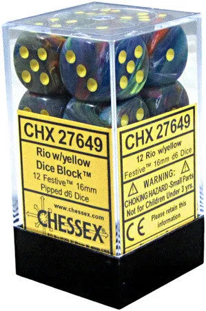 VR-26750 Chessex D6 Festive 16mm d6 Rio/yellow Dice Block (12 dice) - Chessex - Titan Pop Culture