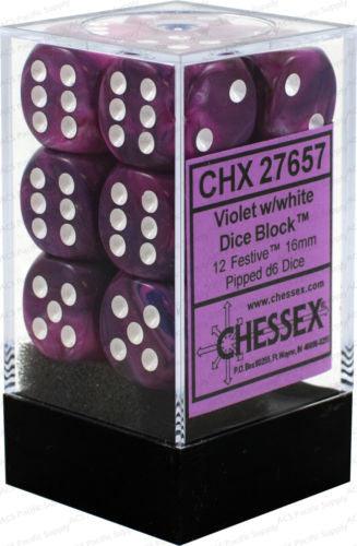 Chessex D6 Festive 16mm d6 Violet/white Dice Block (12 dice)