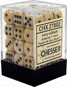 VR-26727 D6 Dice Marble 12mm Ivory/Black (36 Dice in Display) - Chessex - Titan Pop Culture