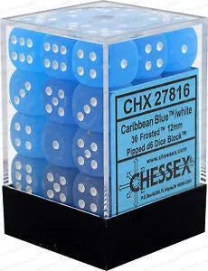 VR-26718 D6 Dice Frosted 12mm Caribbean Blue/White (36 Dice in Display) - Chessex - Titan Pop Culture