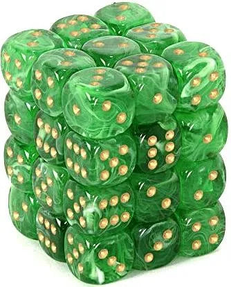 VR-26704 Chessex D6 Vortex 12mm d6 Green/gold Dice Block (36 dice) - Chessex - Titan Pop Culture