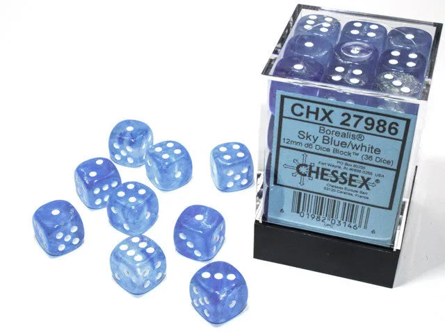 VR-26711 D6 Dice Borealis 12mm Sky Blue/White (36 Dice in Display) - Chessex - Titan Pop Culture