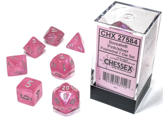 VR-108825 Chessex D7-Die Set Borealis Polyhedral Pink/silver Luminary 7-Die Set - Chessex - Titan Pop Culture