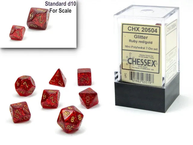 VR-111380 Chessex D7-Die Set Glitter Mini-Polyhedral Ruby Red/gold - Chessex - Titan Pop Culture