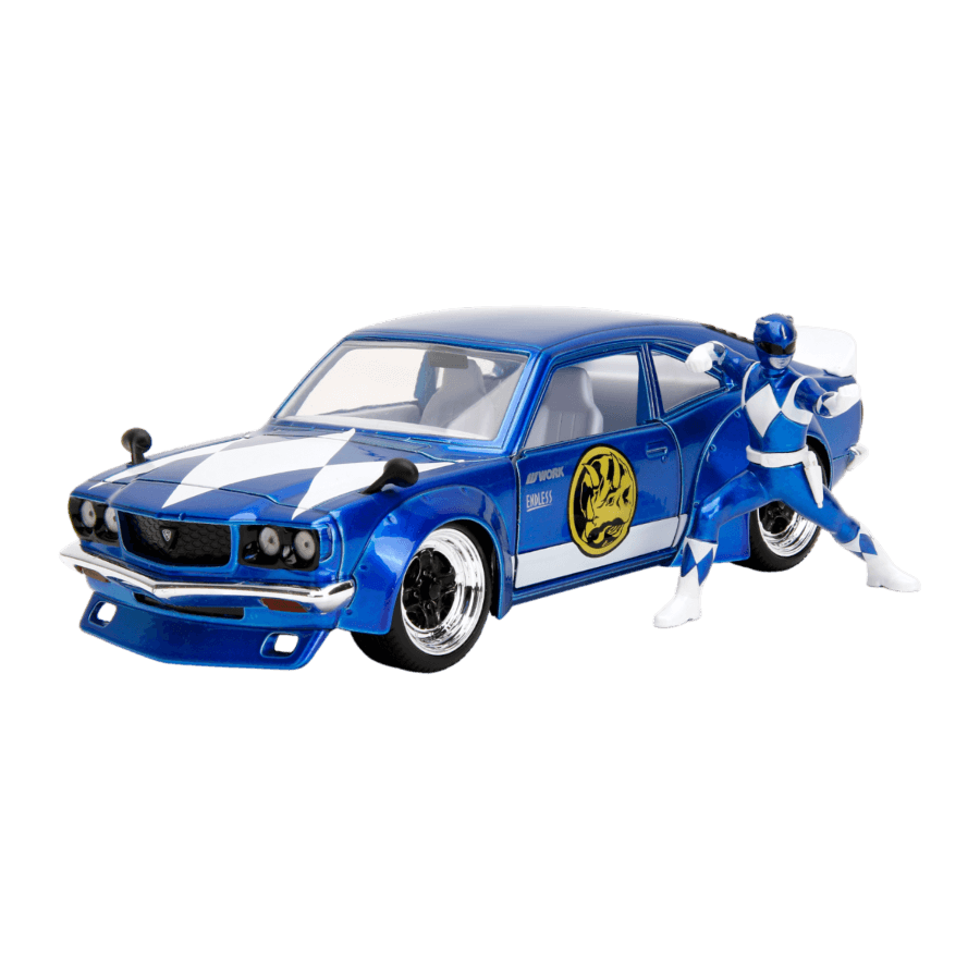 JAD34389 Power Rangers - 1974 Mazda RX-3 (with Blue Ranger) 1:24 Scale Diecast Vehicle Set - Jada Toys - Titan Pop Culture