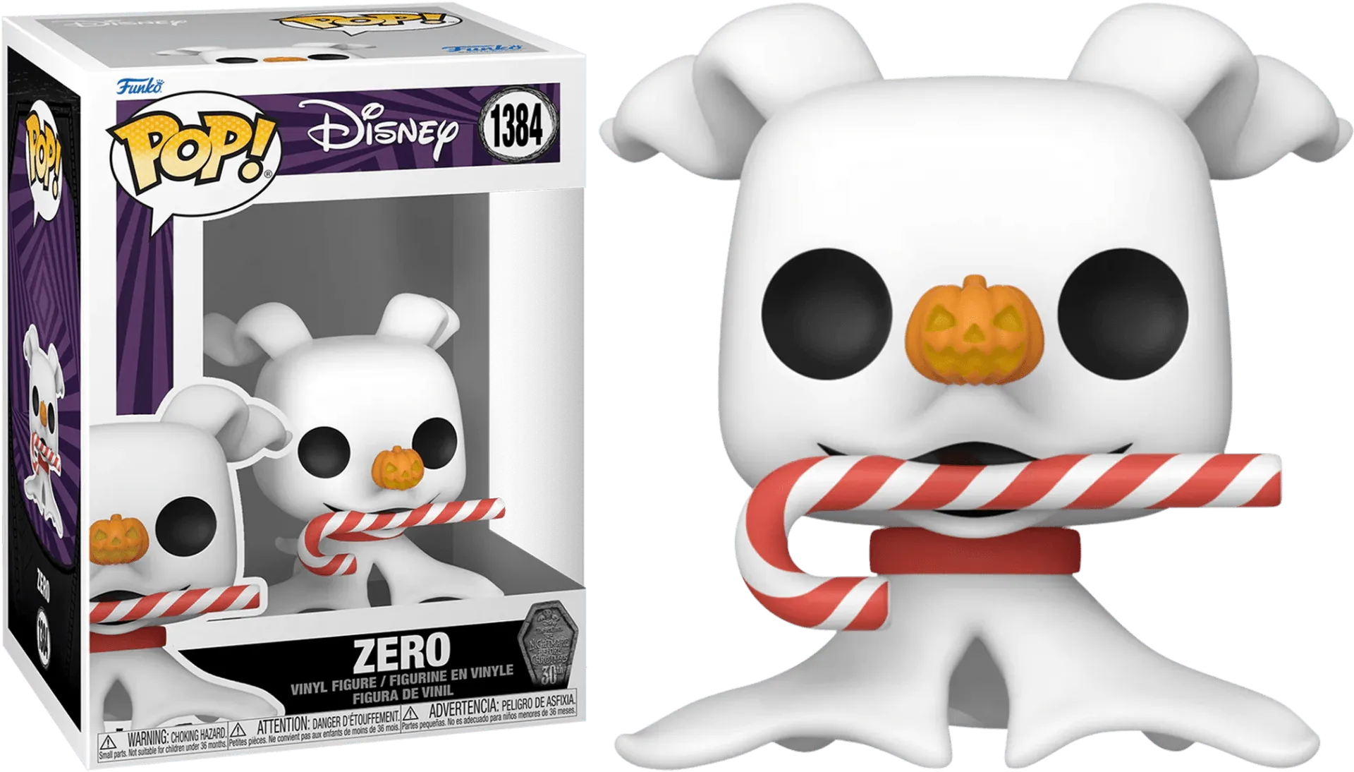 FUN72387 The Nightmare Before Christmas 30th Anniversary - Zero with Candy Cane Pop! Vinyl - Funko - Titan Pop Culture