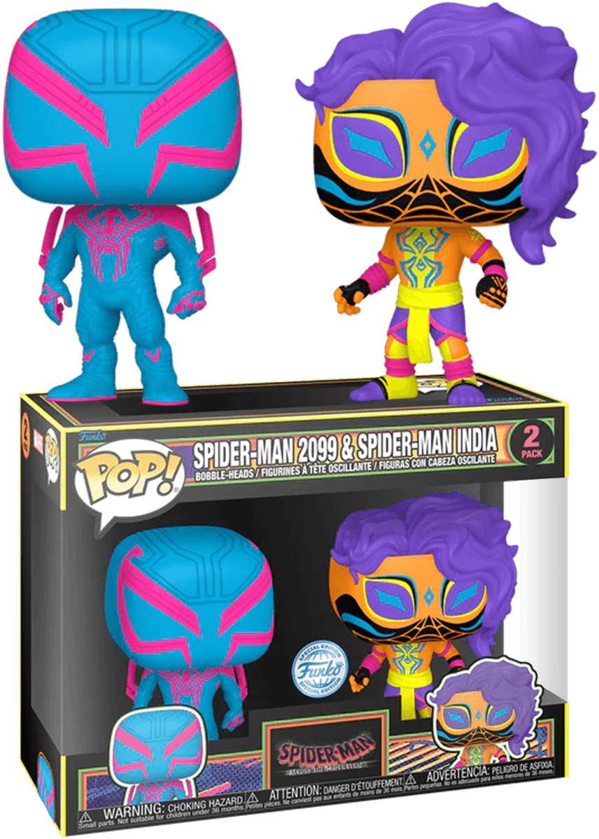 FUN73938 Spider-Man: Across the Spider-Verse - Spider-Man 2099 & Spider-Man India US Exclusive Blacklight Pop! 2-Pack [RS] - Funko - Titan Pop Culture