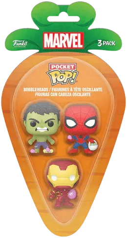 FUN77168 Marvel Comics - Spider-Man, Iron Man & Hulk Carrot Pocket Pop! 3-Pack - Funko - Titan Pop Culture