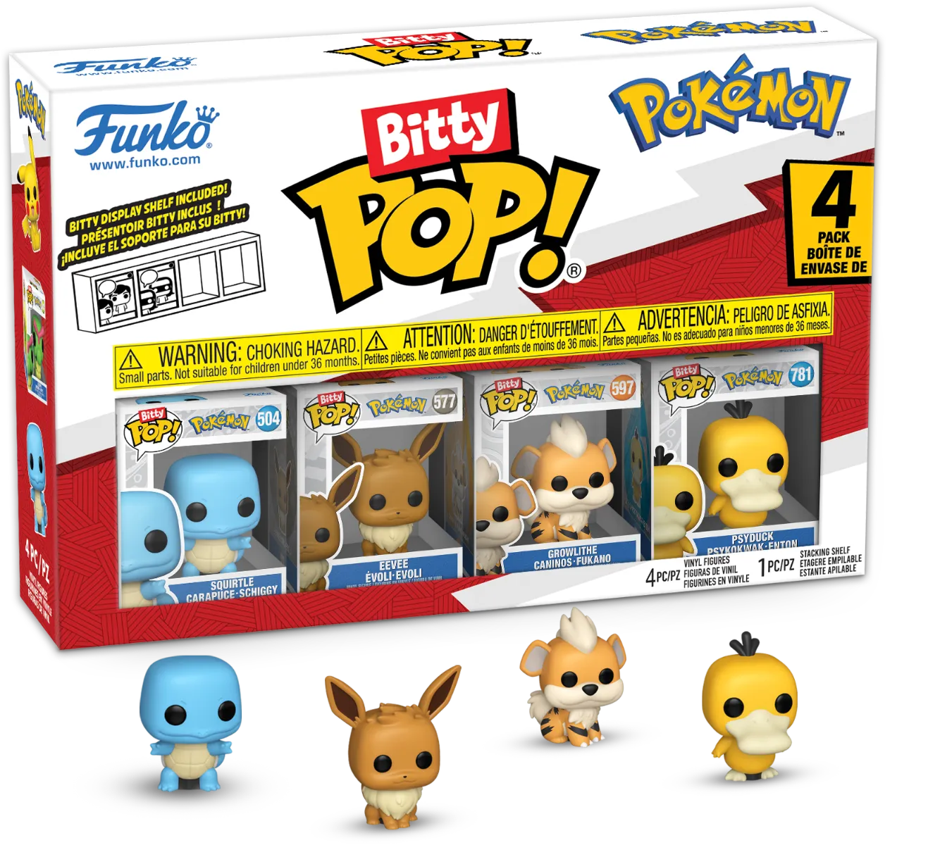 Pokemon - Squirtle, Eevee, Growlithe, & Psyduck Bitty Pop! Vinyl Figure 4-Pack