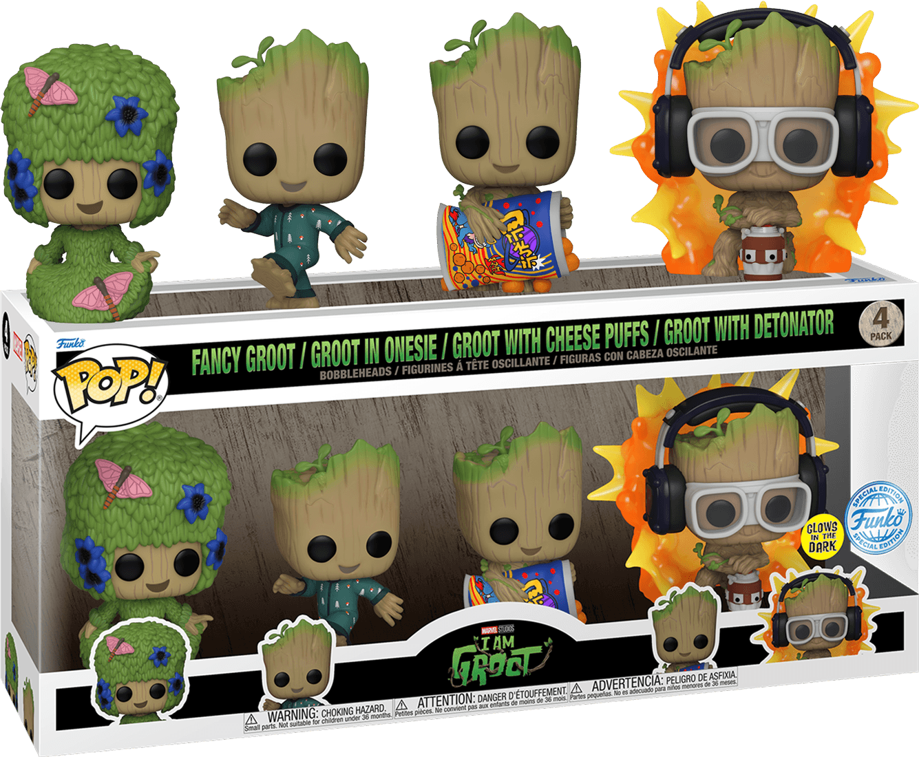 FUN82508 I Am Groot - I Am Groot US Exclusive Glow Pop! Vinyl 4-Pack [RS] - Funko - Titan Pop Culture