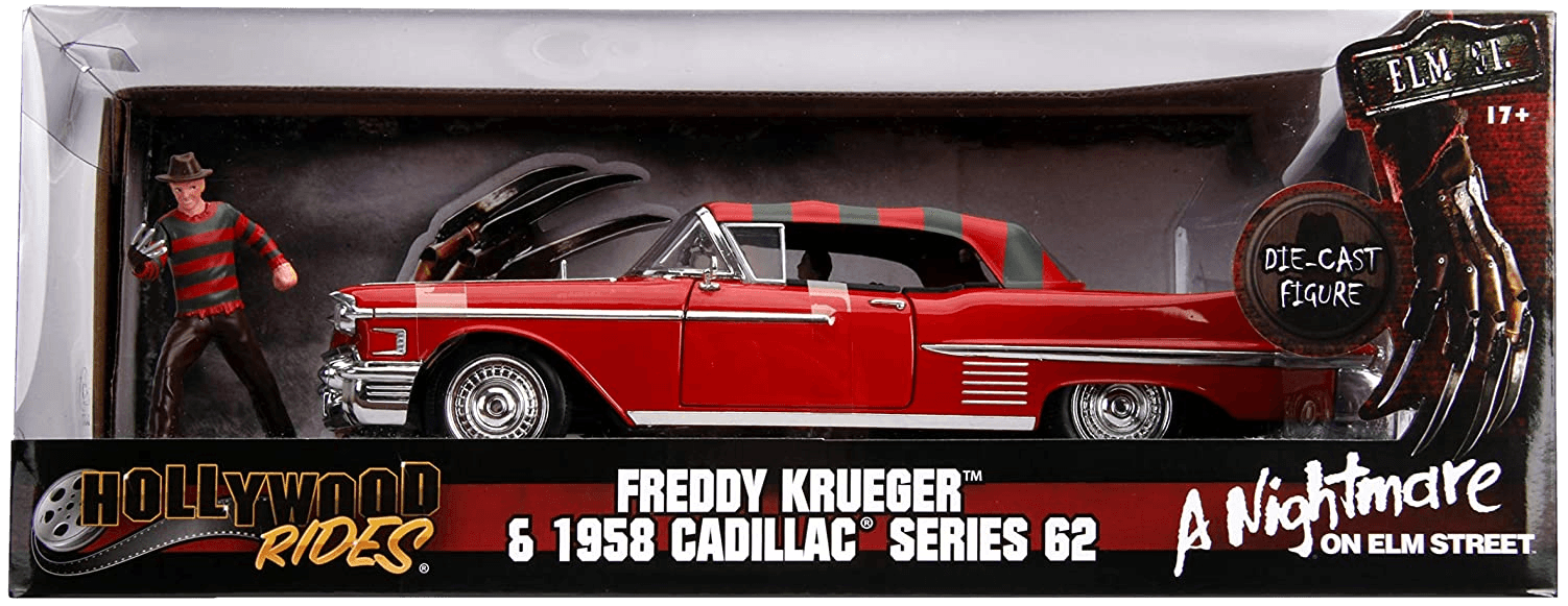 JAD31102 A Nightmare on Elm Street - 1958 Cadillac Series 62 1:24 with Figure Hollywood Ride - Jada Toys - Titan Pop Culture