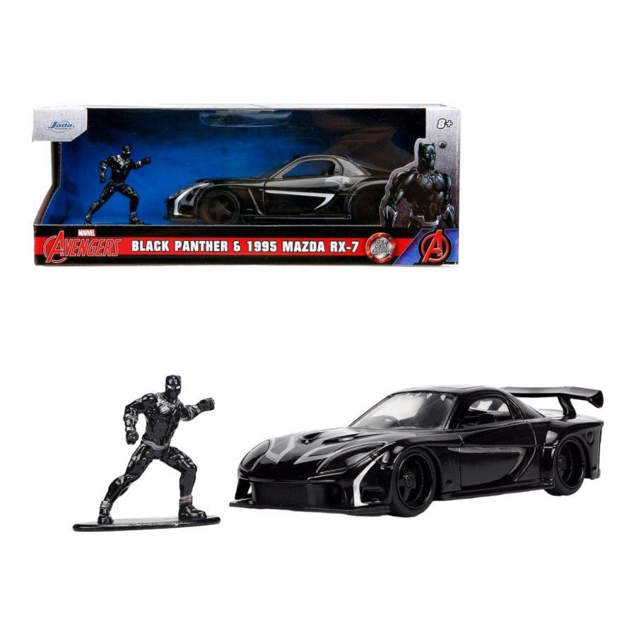 JAD33078 Marvel Comics - 1995 Mazda RX7 with Black Panther 1:32 Scale Diecast Figure - Jada Toys - Titan Pop Culture