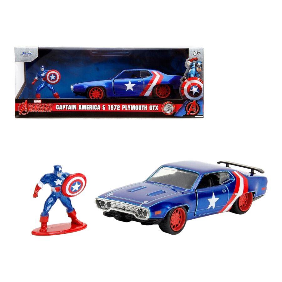 JAD33081 Marvel Comics - 1972 Plymouth GTX with Captain America 1:32 Scale Diecast Figure - Jada Toys - Titan Pop Culture