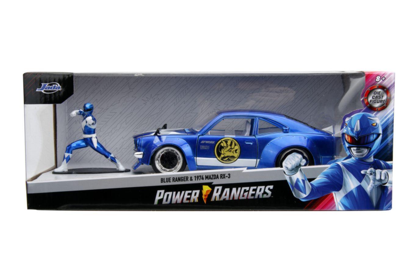 JAD34389 Power Rangers - 1974 Mazda RX-3 (with Blue Ranger) 1:24 Scale Diecast Vehicle Set - Jada Toys - Titan Pop Culture