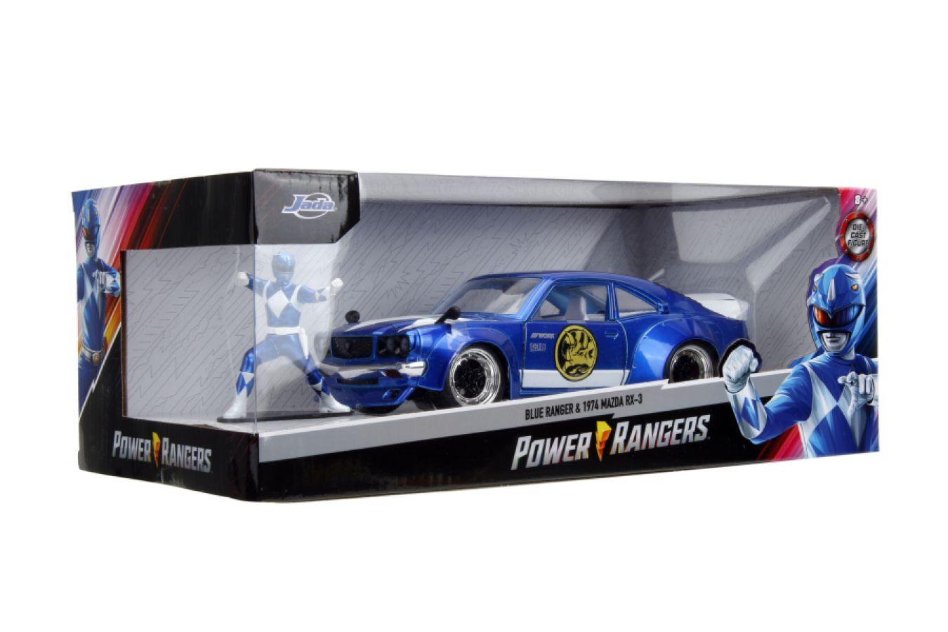 JAD34389 Power Rangers - 1974 Mazda RX-3 (with Blue Ranger) 1:24 Scale Diecast Vehicle Set - Jada Toys - Titan Pop Culture