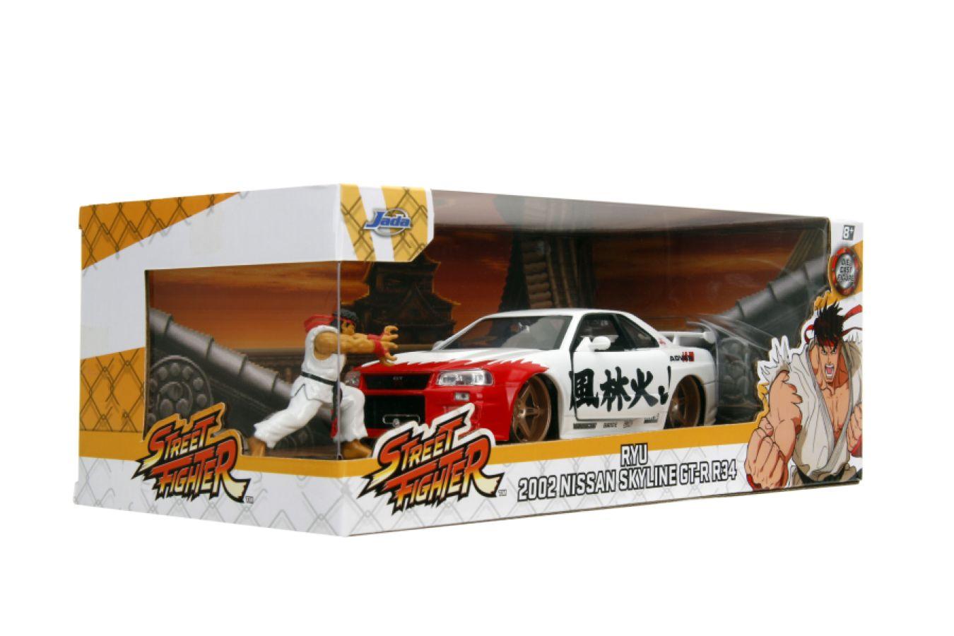 JAD35114 Street Fighter - Nissan Skyline GTR R34 (with Ryu figure) 1:24 Scale Diecast Vehicle Set - Jada Toys - Titan Pop Culture