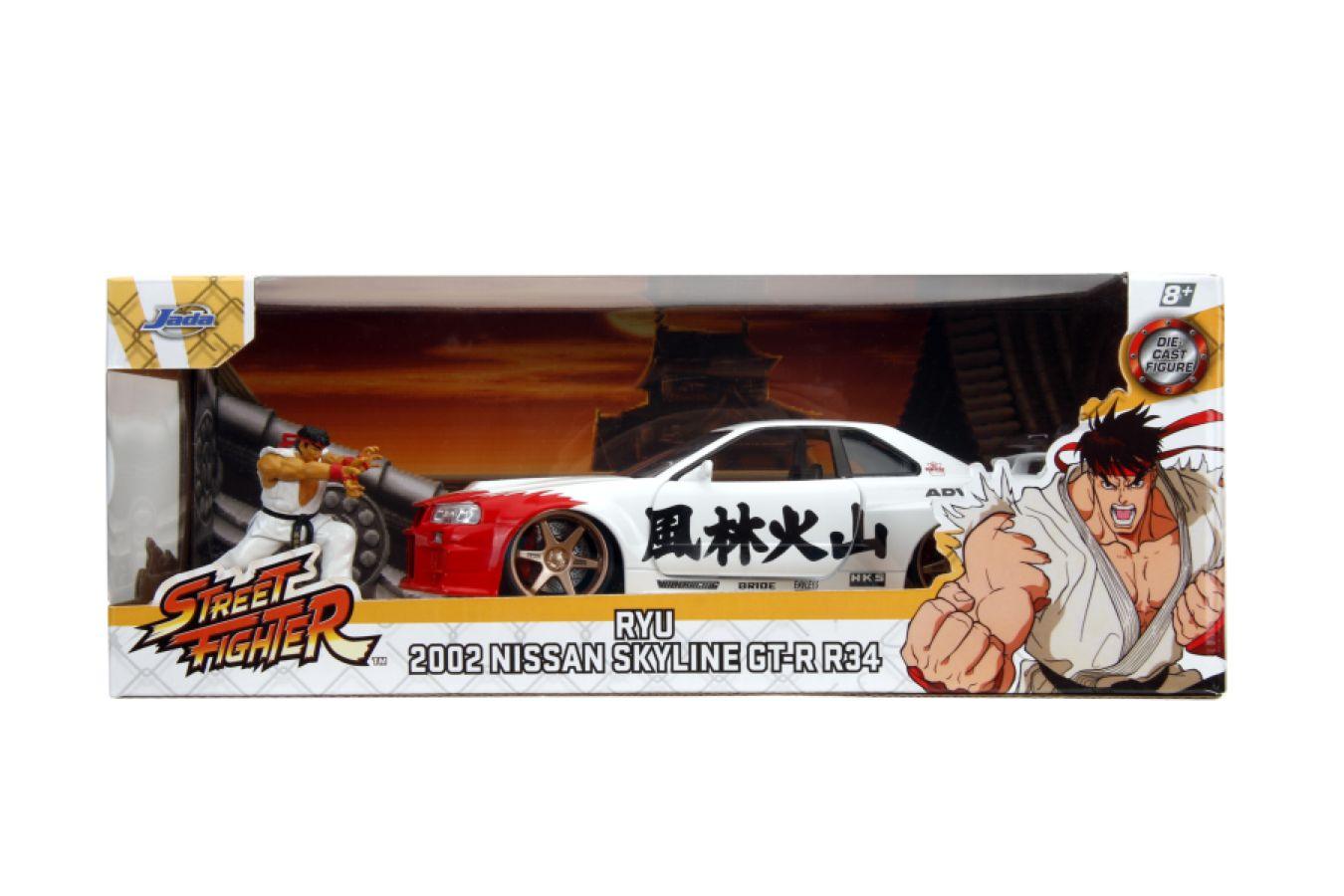 JAD35114 Street Fighter - Nissan Skyline GTR R34 (with Ryu figure) 1:24 Scale Diecast Vehicle Set - Jada Toys - Titan Pop Culture