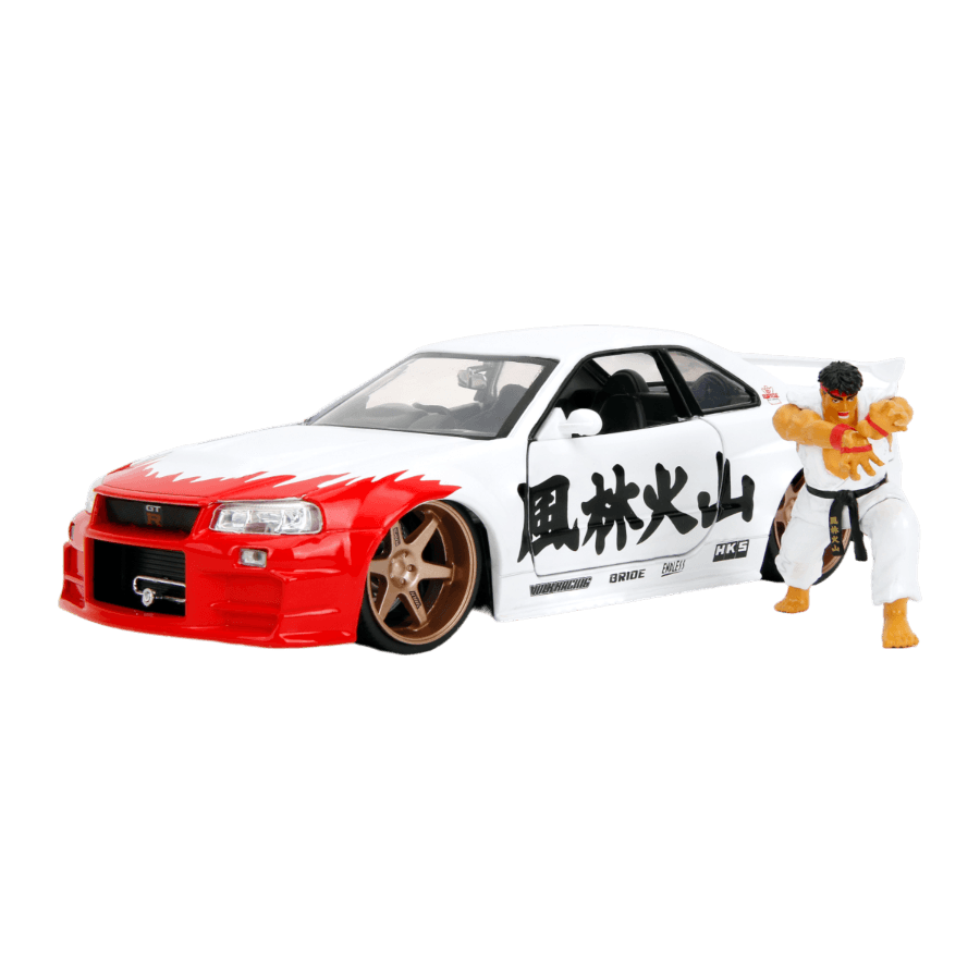 JAD35114 Street Fighter - Nissan Skyline GTR R34 (with Ryu figure) 1:24 Scale Diecast Vehicle Set - Jada Toys - Titan Pop Culture