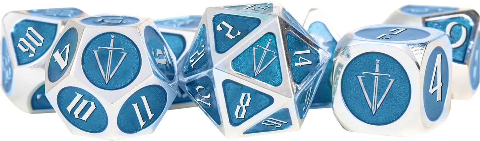 MDG Tales of the Valiant Metal Dice Set Silver w/ Light Blue Enamel