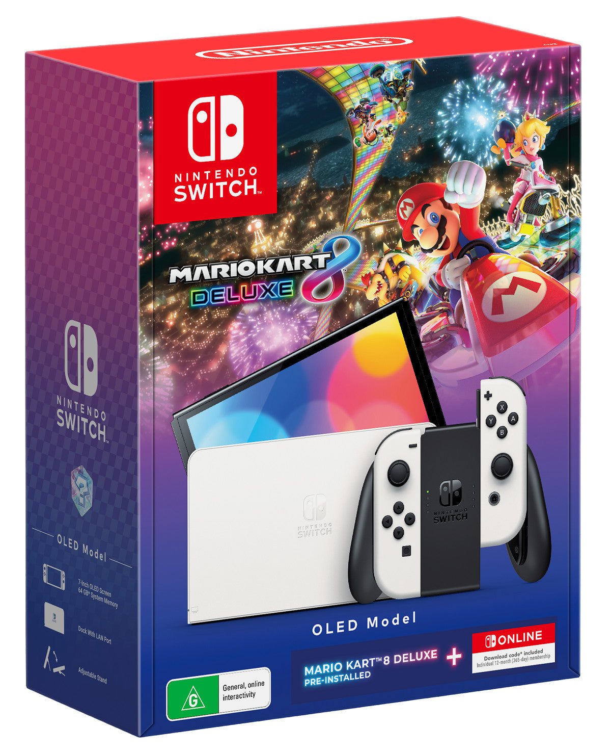 SWI Nintendo Switch OLED Model White Console: Mario Kart 8 Deluxe + NSO 12 Months Hardware Bundle