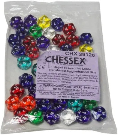 VR-26656 BULK D20 Dice Assorted Loose Translucent Polyhedral (50 Dice in Bag) - Chessex - Titan Pop Culture