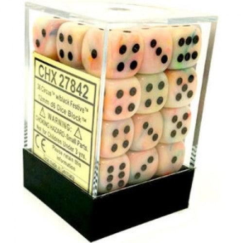 VR-26694 Chessex D6 Festive 12mm d6 Circus/black Dice Block (36 dice) - Chessex - Titan Pop Culture