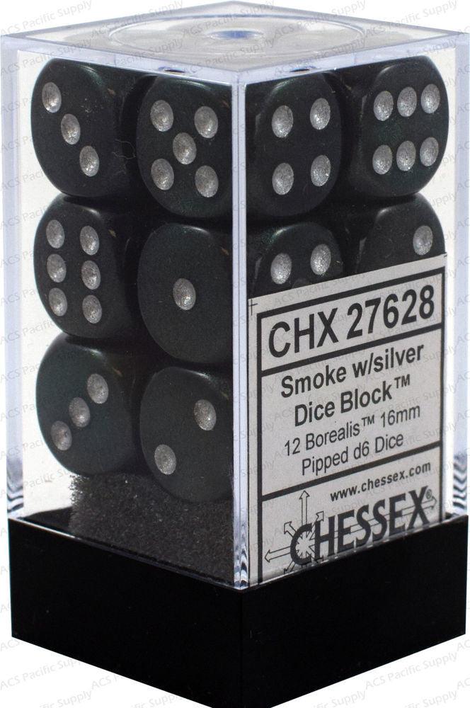 VR-26765 D6 Dice Borealis 16mm Light Smoke/Silver (12 Dice in Display) - Chessex - Titan Pop Culture