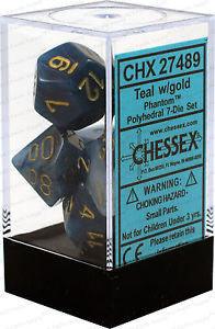 VR-26794 D7-Die Set Dice Phantom Polyhedral Teal/Gold (7 Dice in Display) - Chessex - Titan Pop Culture