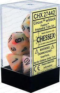 VR-26811 D7-Die Set Dice Festive Polyhedral Circus/Black (7 Dice in Display) - Chessex - Titan Pop Culture