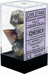 VR-26813 D7-Die Set Dice Festive Polyhedral Carousel/White (7 Dice in Display) - Chessex - Titan Pop Culture