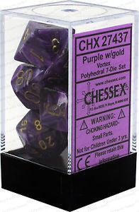 VR-26815 D7-Die Set Dice Vortex Polyhedral Purple/Gold (7 Dice in Display) - Chessex - Titan Pop Culture