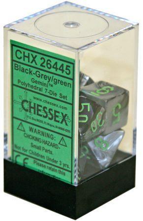 VR-26923 D7-Die Set Dice Gemini Polyhedral Black-Grey/Green (7 Dice in Display) - Chessex - Titan Pop Culture